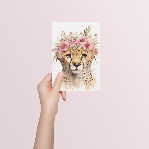 Cute Floral Cheetah Watercolor Wall Art Illustration Print Poster Card Unframed - Picture 5 of 8